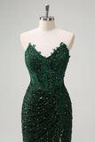 Sparkly Mermaid Sweetheart Dark Green Corset Sequins Lace Prom Dress with Slit