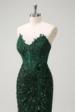 Sparkly Mermaid Sweetheart Dark Green Corset Sequins Lace Prom Dress with Slit