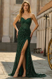 Sparkly Mermaid Sweetheart Dark Green Corset Sequins Lace Prom Dress with Slit