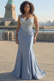 Blue Mermaid Spaghetti Straps Corset Appliqued Prom Dress