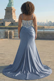 Blue Mermaid Spaghetti Straps Corset Appliqued Prom Dress