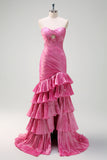 Sparkly Fuchsia Mermaid Strapless Beaded Ruched Ruffles Long Prom Dress with Slit