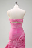 Sparkly Fuchsia Mermaid Strapless Beaded Ruched Ruffles Long Prom Dress with Slit