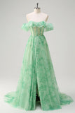 Green A Line Off The Shoulder Corset Ruffled Print Long Prom Dress with Slit