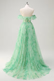 Green A Line Off The Shoulder Corset Ruffled Print Long Prom Dress with Slit