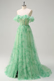 Green A Line Off The Shoulder Corset Ruffled Print Long Prom Dress with Slit