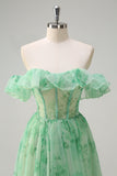 Green A Line Off The Shoulder Corset Ruffled Print Long Prom Dress with Slit