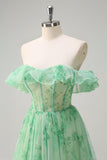 Green A Line Off The Shoulder Corset Ruffled Print Long Prom Dress with Slit