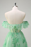 Green A Line Off The Shoulder Corset Ruffled Print Long Prom Dress with Slit