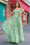 Floral A Line Off The Shoulder Corset Long Green Prom Dress