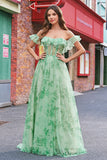 Floral A Line Off The Shoulder Corset Long Green Prom Dress