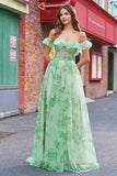 Floral A Line Off The Shoulder Corset Long Green Prom Dress