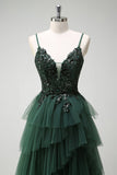 Sparkly Dark Green A-Line Corset Ruffles Appliqued Long Prom Dress with Slit