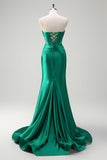 Sparkly Dark Green Mermaid Strapless Beaded Corset Ruched Satin Prom Dress with Slit