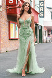 Mermaid Green Corset Spaghetti Straps Long Prom Dress with 3D Flowers