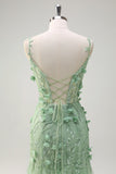 Green Mermaid Spaghetti Straps 3D Flowers Long Prom Dress with Slit