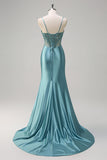 Sparkly Grey Green Mermaid Spaghetti Straps Corset Long Prom Dress with Slit