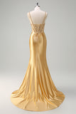 Sparkly Golden Mermaid Spaghetti Straps Corset Long Prom Dress with Slit