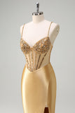 Sparkly Golden Mermaid Spaghetti Straps Corset Long Prom Dress with Slit