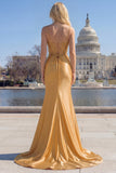 Sparkly Golden Mermaid Spaghetti Straps Corset Long Prom Dress with Slit