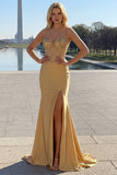 Sparkly Golden Mermaid Spaghetti Straps Corset Long Prom Dress with Slit