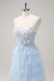 Light Blue Spaghetti Straps A-Line Tulle Tiered Long Corset Prom Dress with Slit