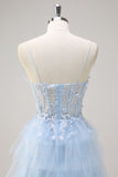 Light Blue Spaghetti Straps A-Line Tulle Tiered Long Corset Prom Dress with Slit