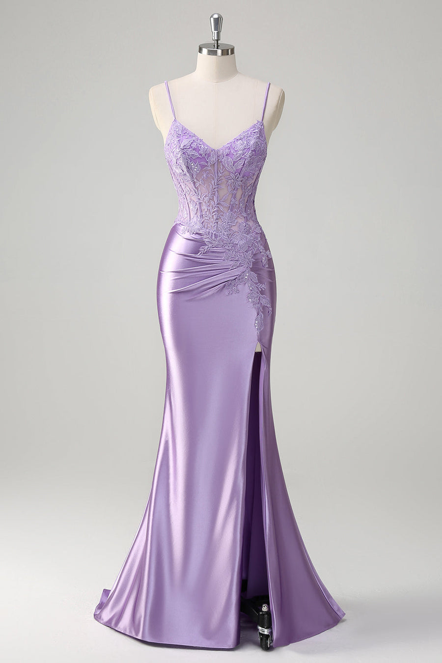 ZAPAKA Women Lilac Prom Dress with Appliques Mermaid Spaghetti Straps Long Split Front Formal Dress