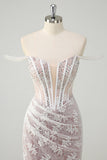 Sparkly White Mermaid Off the Shoulder Beaded Lace Corset Ruched Prom Dress with Slit