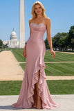 Sparkly Grey Blue Mermaid Strapless Ruffle Corset Satin Long Prom Dress with Slit