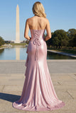Sparkly Grey Blue Mermaid Strapless Ruffle Corset Satin Long Prom Dress with Slit