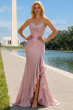 Sparkly Champagne Mermaid Strapless Ruffle Corset Satin Long Prom Dress with Slit