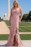 Sparkly Grey Blue Mermaid Strapless Ruffle Corset Satin Long Prom Dress with Slit