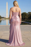 Sparkly Grey Blue Mermaid Strapless Ruffle Corset Satin Long Prom Dress with Slit