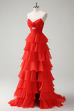 Orange Sweetheart Princess Chiffon Tiered Long Prom Dress with Slit