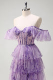 Lilac A-Line Off the Shoulder Corset Floral Ruffles Long Prom Dress with Slit