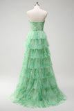 Green Floral A Line Strapless Ruffles Long Prom Dress with Slit