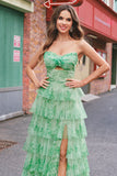 Green Floral A Line Strapless Ruffles Long Prom Dress with Slit