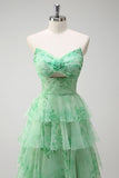 Green A-Line Strapless Floral Flower Ruffles Long Prom Dress with Slit