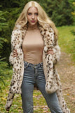 Fluffy White Leopard Faux Fur Coat with Belt