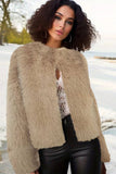 Black Fluffy Round Neck Faux Fur Long Sleeves Coat