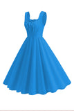 Blue Square Neck A-Line Midi 1950s Dress