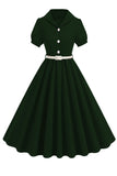 Black V-neck Short Sleeves A-Line Midi 1950s Dress with Belt