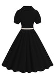 Black V-neck Short Sleeves A-Line Midi 1950s Dress with Belt