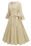 Apricot A-Line V-neck Half Sleeves Midi 1950s Dress