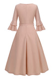 Apricot A-Line V-neck Half Sleeves Midi 1950s Dress