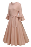 Apricot A-Line V-neck Half Sleeves Midi 1950s Dress