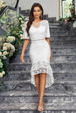 White Mermaid Lace Short Sleeves Ruffle High-Low Dress