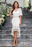 White Mermaid Lace Short Sleeves Ruffle High-Low Dress