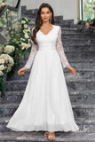 A-Line Long Sleeves V Neck Long White Dress